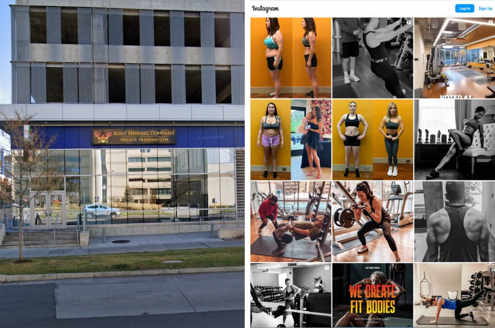 On the left is a view of a mirrored glass facade with signage that reads "Body Shaping Company Private Training Gym." On the right is a grid of twelve images, showing before and after pictures of people who are thinner and more muscular than before, and other people enthusiastically doing strength-training exercises.