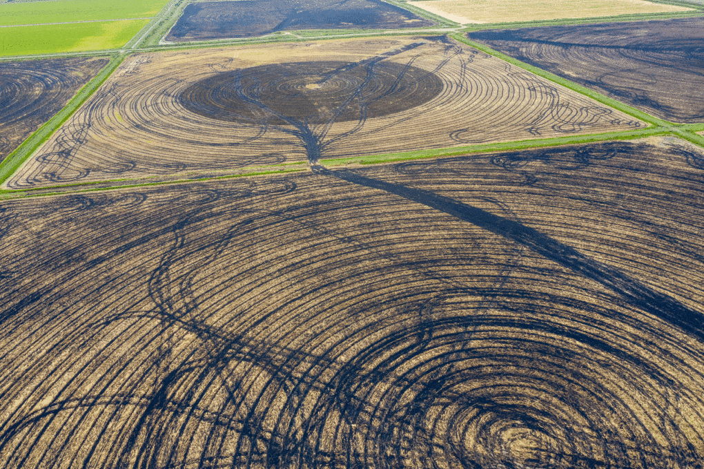 Aerial photo of burned rice field, England, Arkansas, 2020.