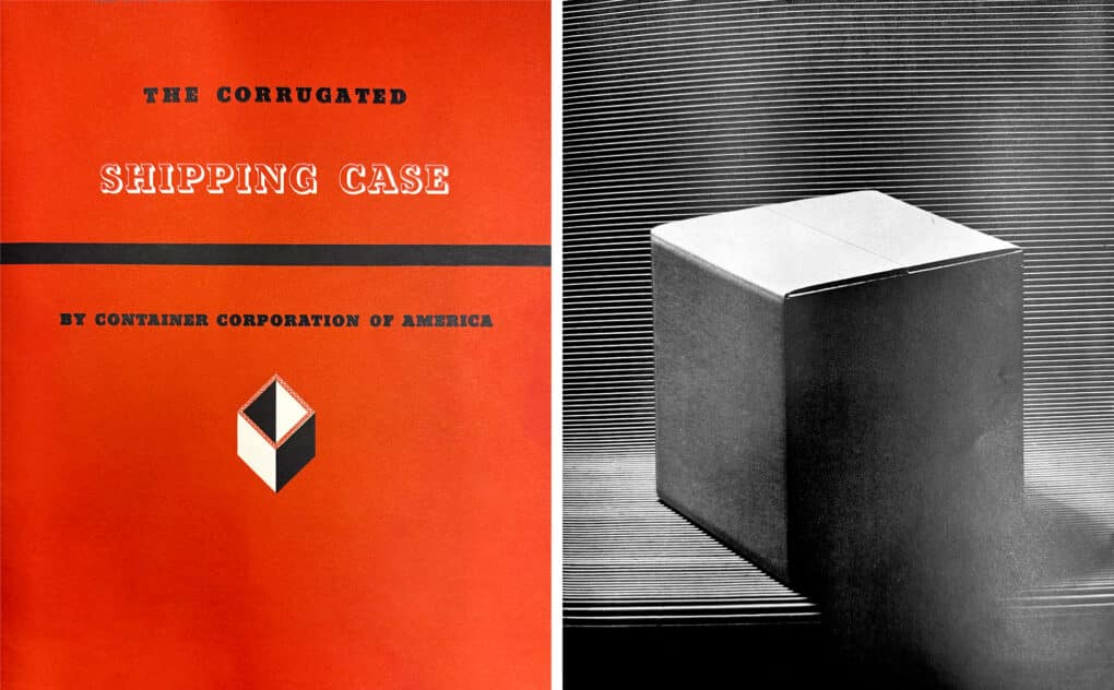 This is a composite of two images. The left shows a bright red cover, with modernist design, "The Corrugated Shipping Case, by Container Corporation of America." The right shows a perfect cardboard cube, isolated in an abstract space.