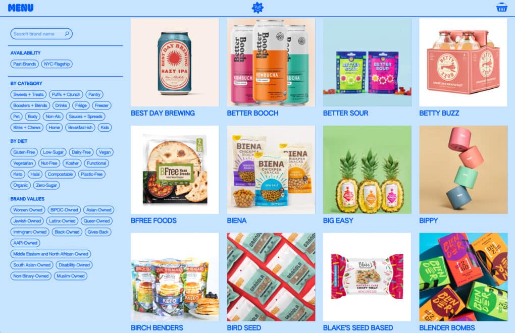 A screenshot from a modern colorful website with grocery products in a grid.