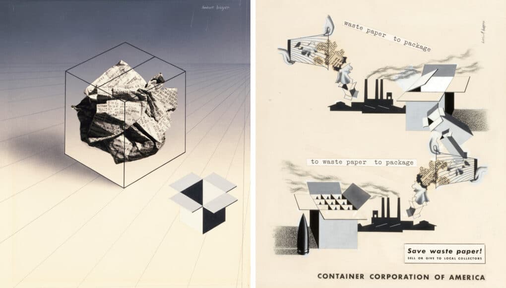 Ads in a modernist style, signaling the importance of recycling wastepaper into cardboard.