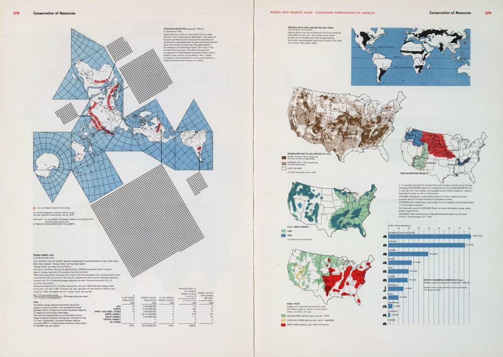 A page spread from an atlas with a global map in the Buckminster Fuller projection and, on the facing page, several maps of natural resources in the United States.
