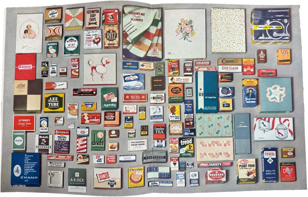 A two-page spread featuring many small colorful packages arrayed in a tight grid, with commercial brands and logos visible.