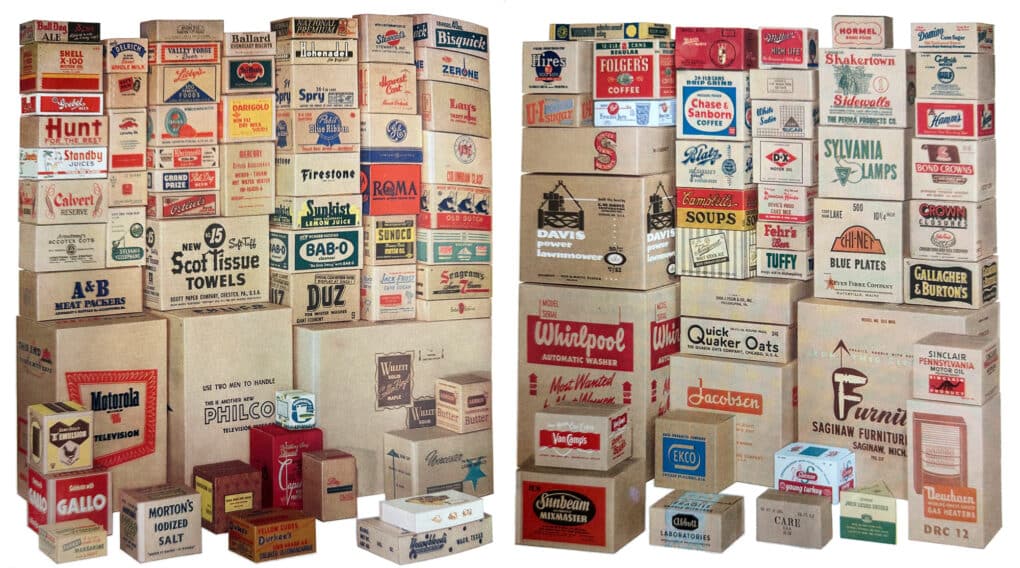 Dozens of large corrugated cardboard boxes stacked in several columns, displaying the colorful logos and branding on one side.