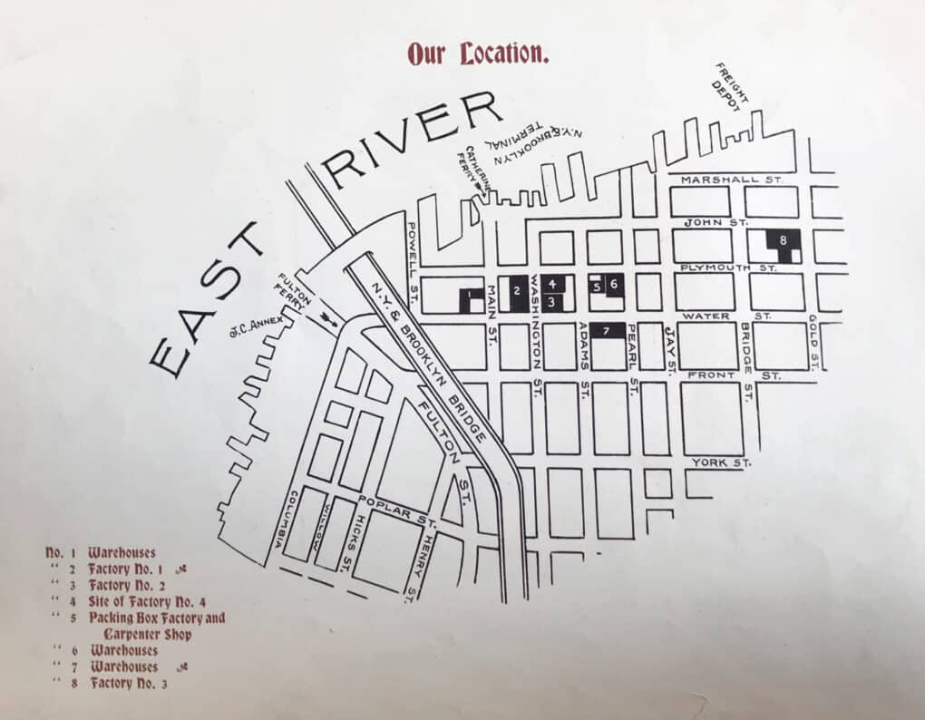 An old map of Northwest Brooklyn, showing the location of Robert Gair's papermaking facilities.