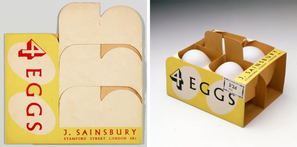 Two views of a yellow paperboard package with midcentury design attributes. The package is labelled simply, "4 Eggs," and it's branded J. Sainsbury.