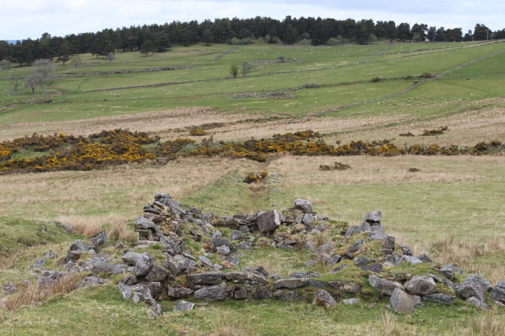 Color photograph of fields with ruined foundation of small stone building.