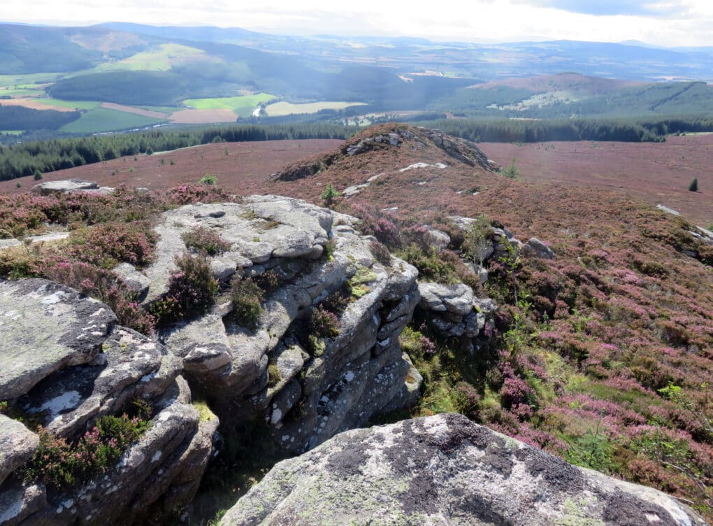 Color photograph of heather-covered stony outcrop at the height of a tall hill, with mountains and valleys int he distance.