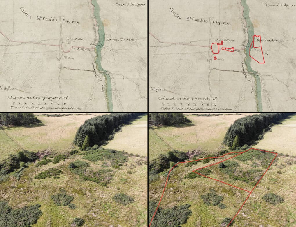 Four-panel composite showing, in the top row, a detail from a 19th-century map, and the same detail with irregular parallelograms marked in red; in the bottom row is a drone photo of a green hillside, and beside it the same photograph with related irregular shapes marked in red.