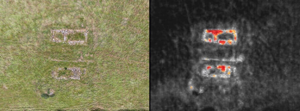 Two-panel composite showing (left) a drone photograph of two stone foundations in a grassy field, and (right) a thermal image showing the buildings in red and the grass as dark gray.