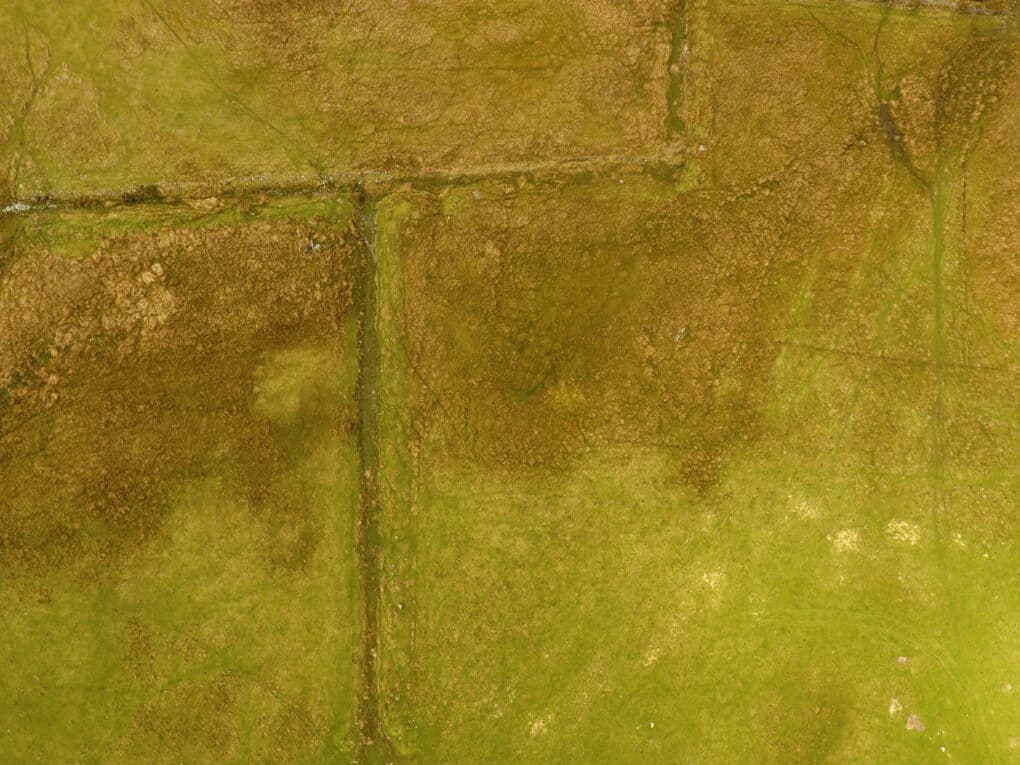 Drone photograph showing grassy fields bordered by straight fence lines.