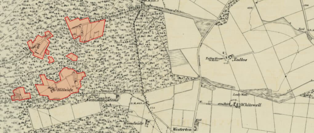 Detail of a gray printed map with computer-generated overlay of small enclosures marked in red.