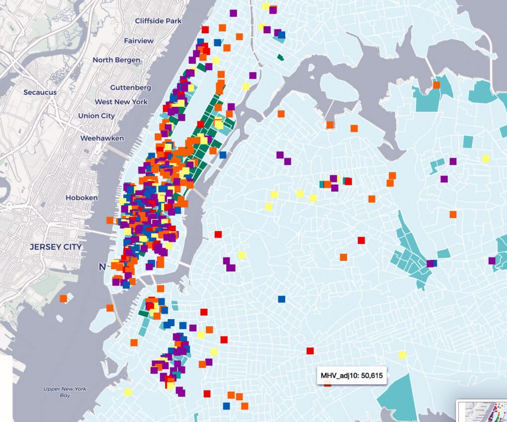 Color digital map of New York City and New Jersey, with island of Manhattan densely layered with colored squares, and a scattering of colored squares in Brooklyn, Queens, and the Bronx.
