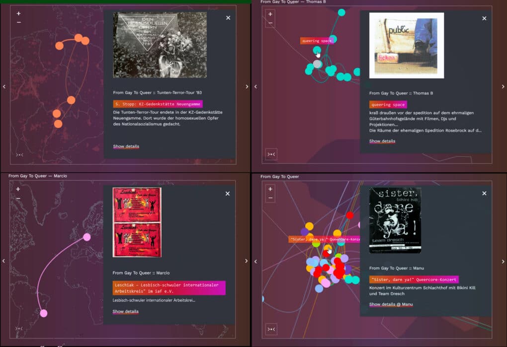 Four screenshots from a digital map, showing colored dots connected by lines and text. In each screenshot, one dot has been clicked to open a text-box and picture overlay.