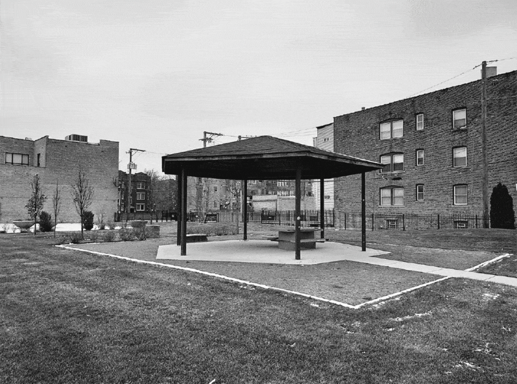 Cudell Park gazebo, the site of Tamir Rice's murder, reinstalled at Arts Bank Lawn, Rebuild Foundation, Chicago.
