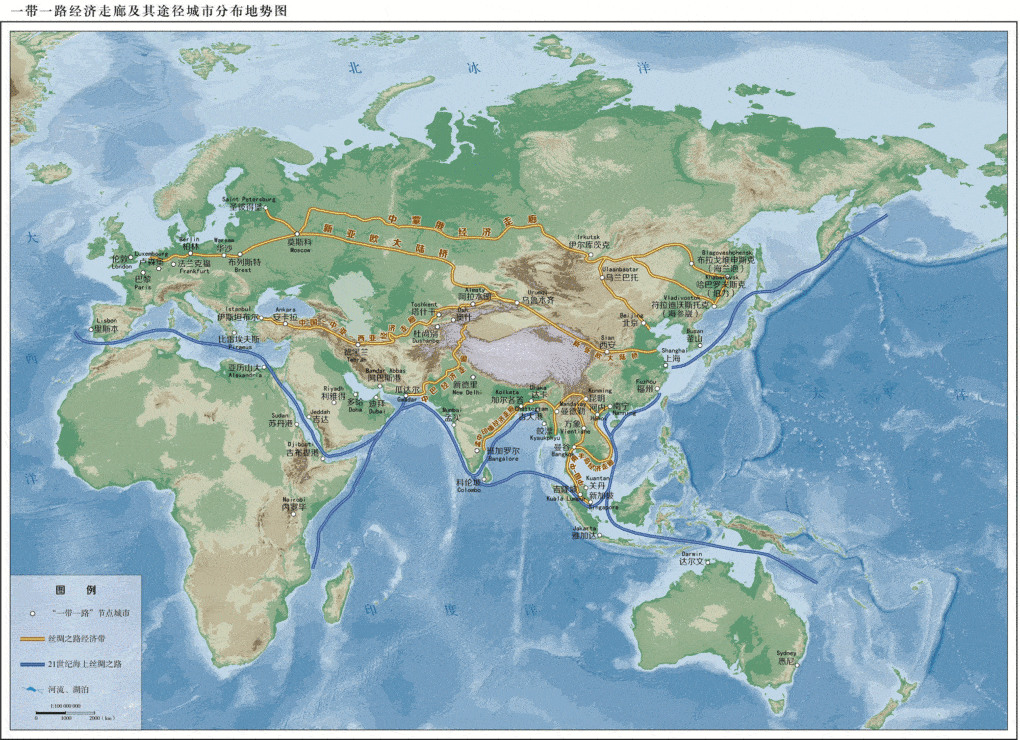 Topographic map of the economic corridors and pathway cities of the Belt and Road Initiative.