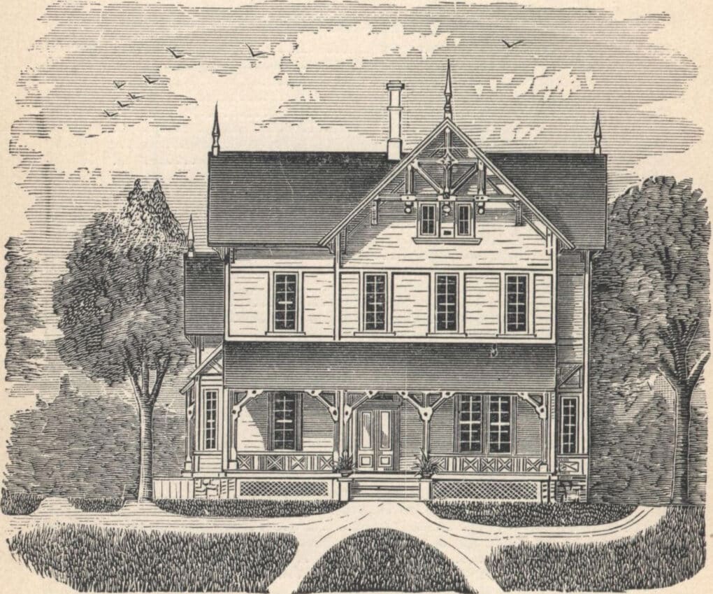 Engraving of Victorian house with porch.