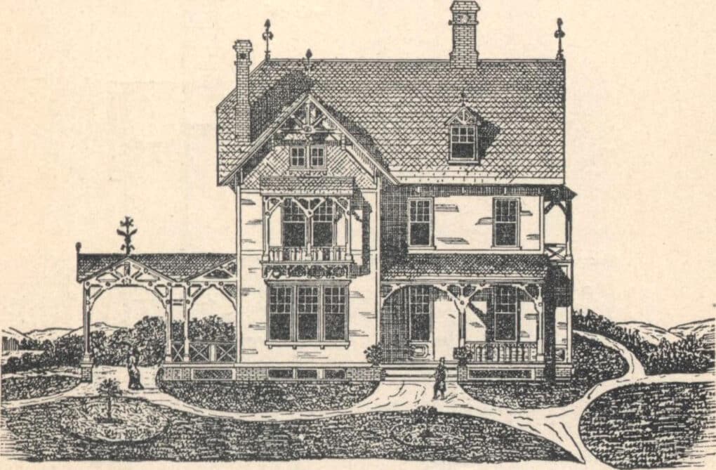 Engraving of Victorian house with porch and porte-cochere.
