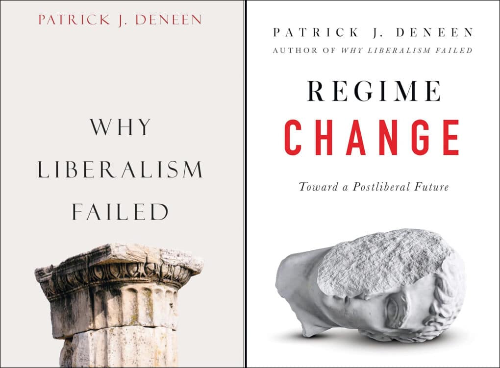 Two book covers, both white with a single damaged Classical image (Doric column and half-smashed marble head).