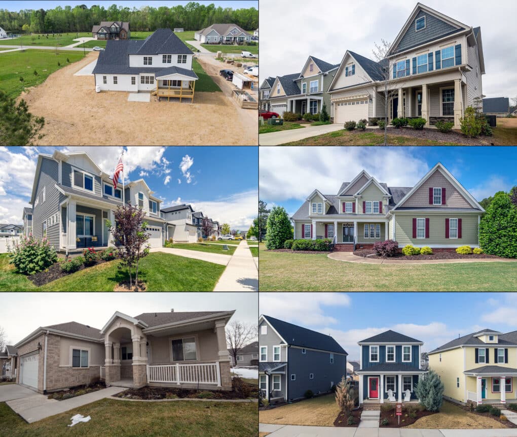 Six-up composite of contemporary subdivision houses with peaked roofs, lawns, driveways, and porches.