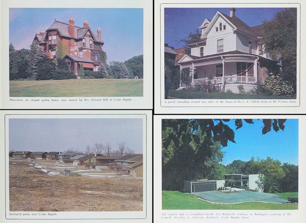 Four-panel composite showing two large victorian houses with porches, a series of tract homes with patios, and a large modernist house with patio.