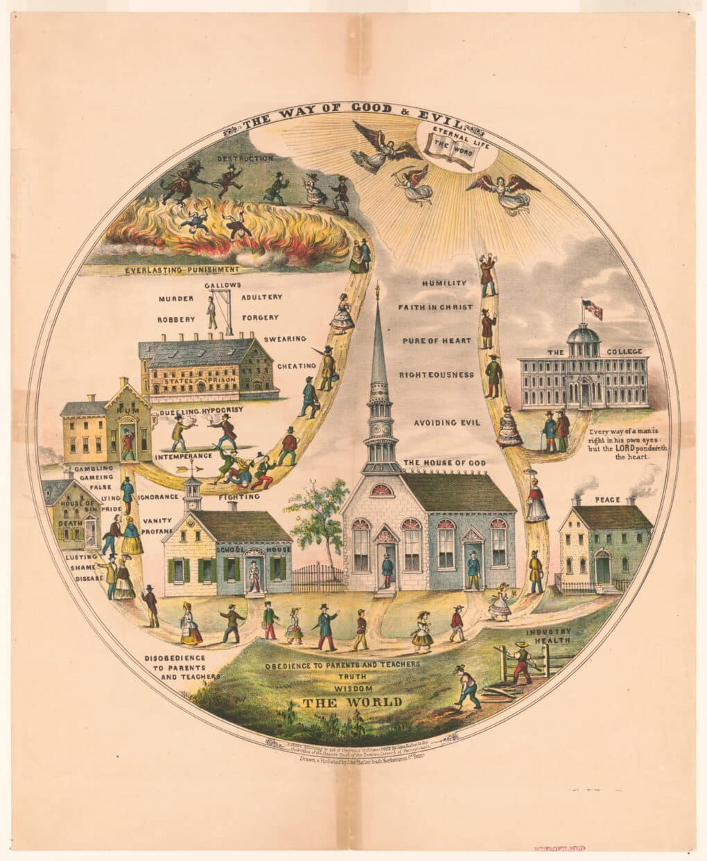 Color print of townscape with church, school, capitol building with cupola, etc.