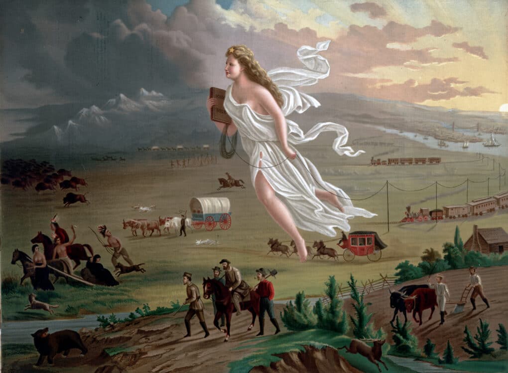 Color painting of pioneers on westward wagon train, being led by blonde female deity in white robes floating in the skies above them.