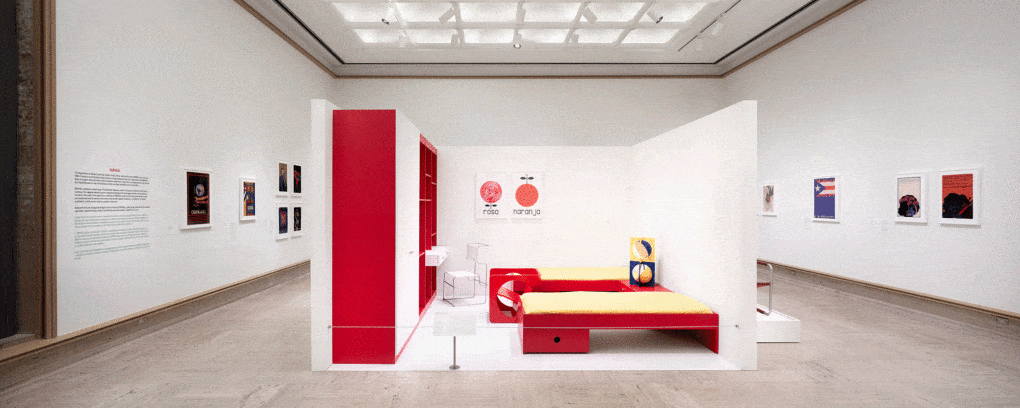 Installation view, A Modernist Regime, showing the MueblePared (Furniture Wall), 1971, with the Yab-Yum chair, designed by Heriberto Duverger.