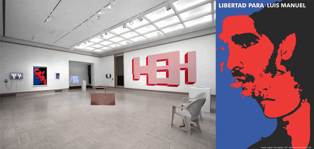 Left: Installation view, Cuba Dispersa (Cuba Dispersed), a companion exhibition of posters from the early revolutionary era. Right: Liliam Dooley, Libertad Para Luis Manuel (Freedom for Luis Manuel). [Courtesy Liliam Dooley]