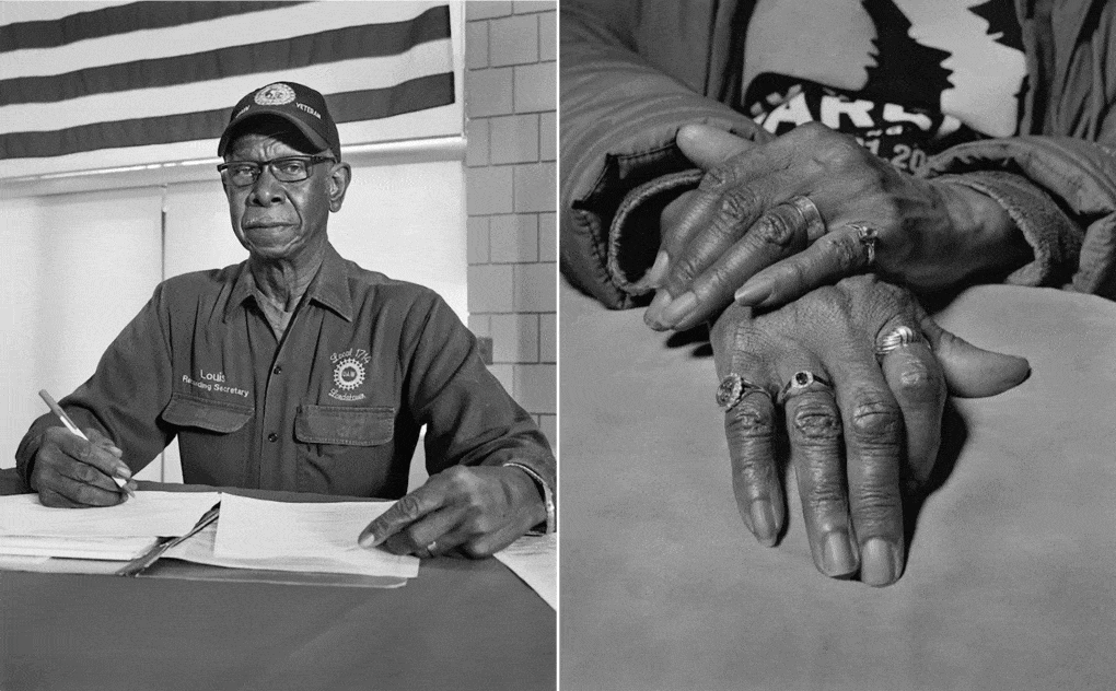 Left: LaToya Ruby Frazier, <em>Louis Robinson, Jr., UAW Local 1714, (34 years in at GM Lordstown Complex, die setter), Recording Secretary, at UAW Local 1112 Reuther Scandy Alli union hall, Lordstown, OH</em> from <em>The Last Cruze</em>, 2019. © 2024 LaToya Ruby Frazier, courtesy of the artist and Gladstone gallery. Right: LaToya Ruby Frazier, <em>Marilyn Moore, UAW Local 1112, Women’s Committee and Retiree Executive Board, (Youngstown Sheet and Tube Co., Lear Seating Corp., 32 years in at GM Lordstown Complex, Assembly Plant, Van Plant, Metal Fab, Trim Shop), with her General Motors retirement gold ring on her index finger, Youngstown, OH</em> from <em>The Last Cruze</em>, 2019. © 2023 LaToya Ruby Frazier, courtesy of the artist and Gladstone gallery.