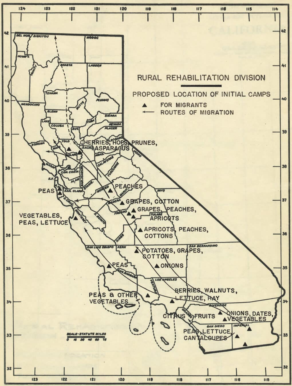 A map submitted as part of a report to the State of California’s Emergency Relief Administration by Director of Rural Rehabilitation H.E. Drobish on March 15, 1935, arguing that the US government needed to assist migrant workers, the “forgotten men, women and children … [on whom] the crops of California depend.” 
