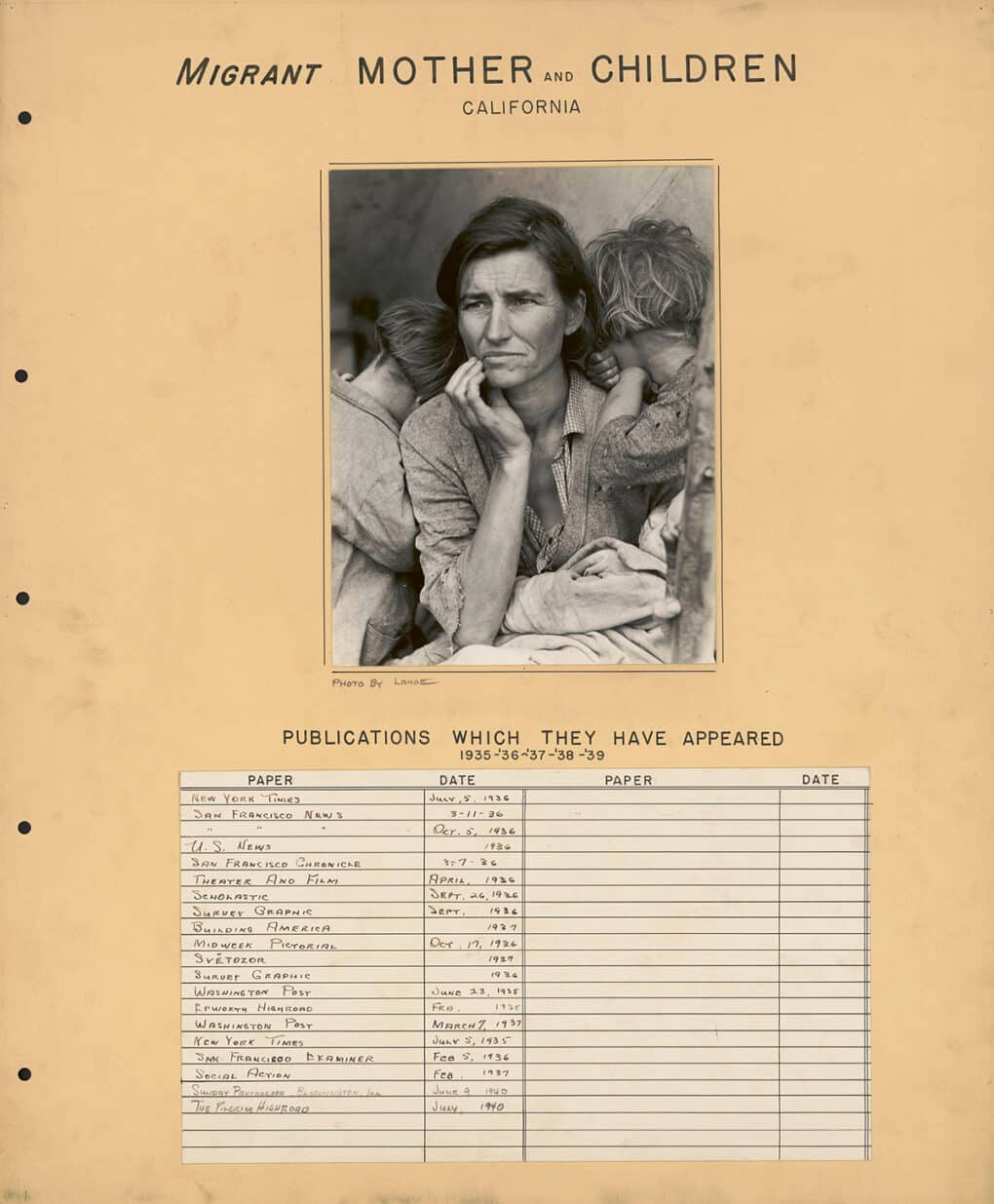 Farm Security Administration's log of magazines in which <em>Migrant Mother</em> was published between 1936 and 1940. 