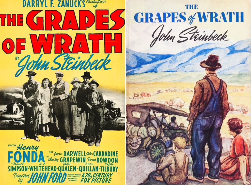 Left: Poster for the 1940 film <em>The Grapes of Wrath</em>. Right: Dust jacket of <em>The Grapes of Wrath</em>, first ed. (1939) by John Steinbeck. 