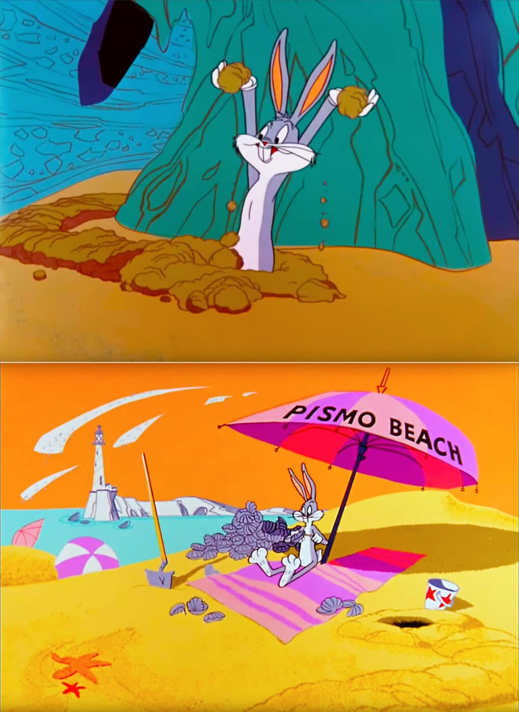 "Well, here we are, Pismo Beach, and all the clams that we can eat!" Stills from Looney Tunes, "Ali Baba Bunny" episode, February 1957. 