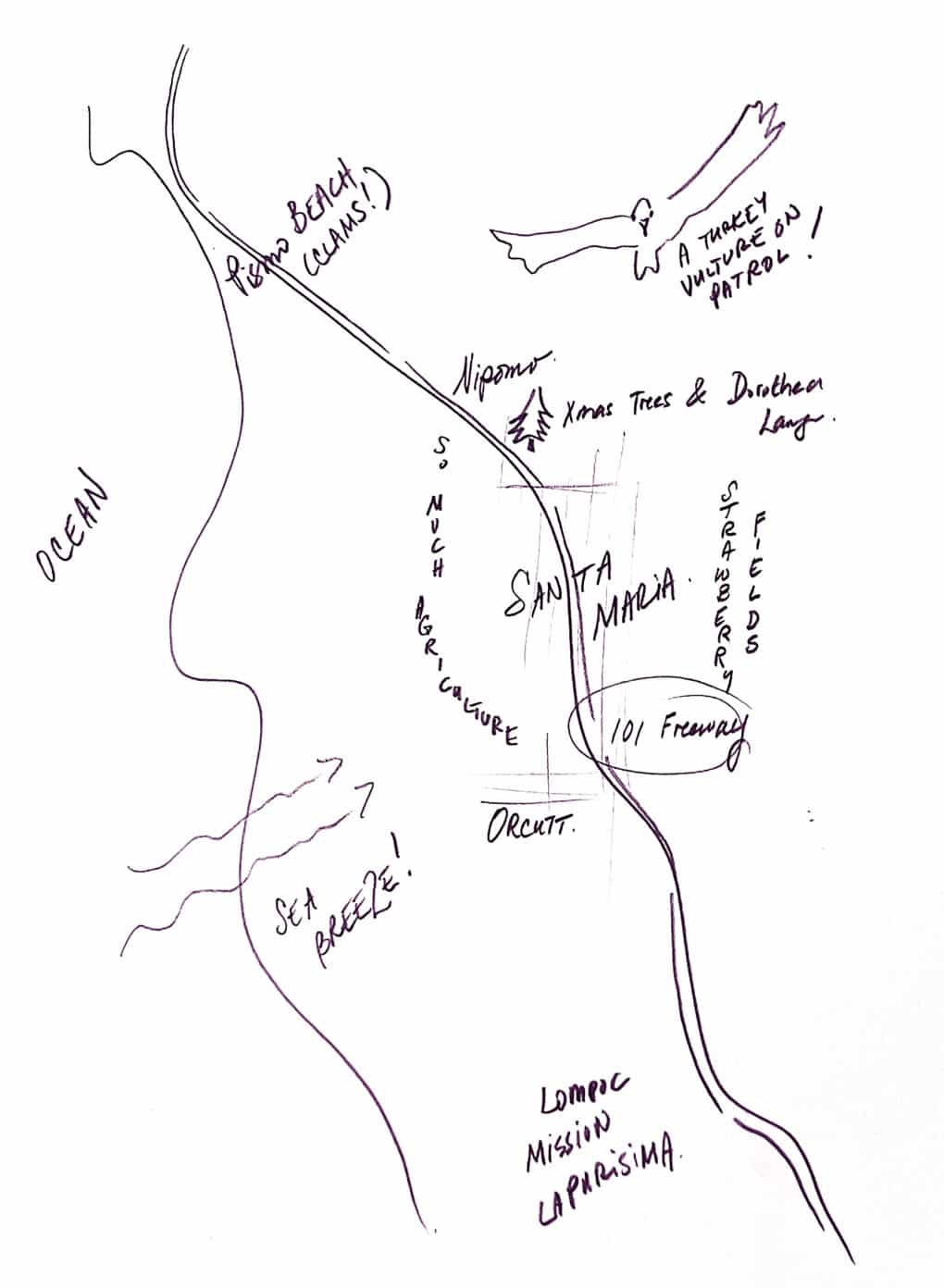 Map of Santa Maria and environs, drawn by author, 2024.