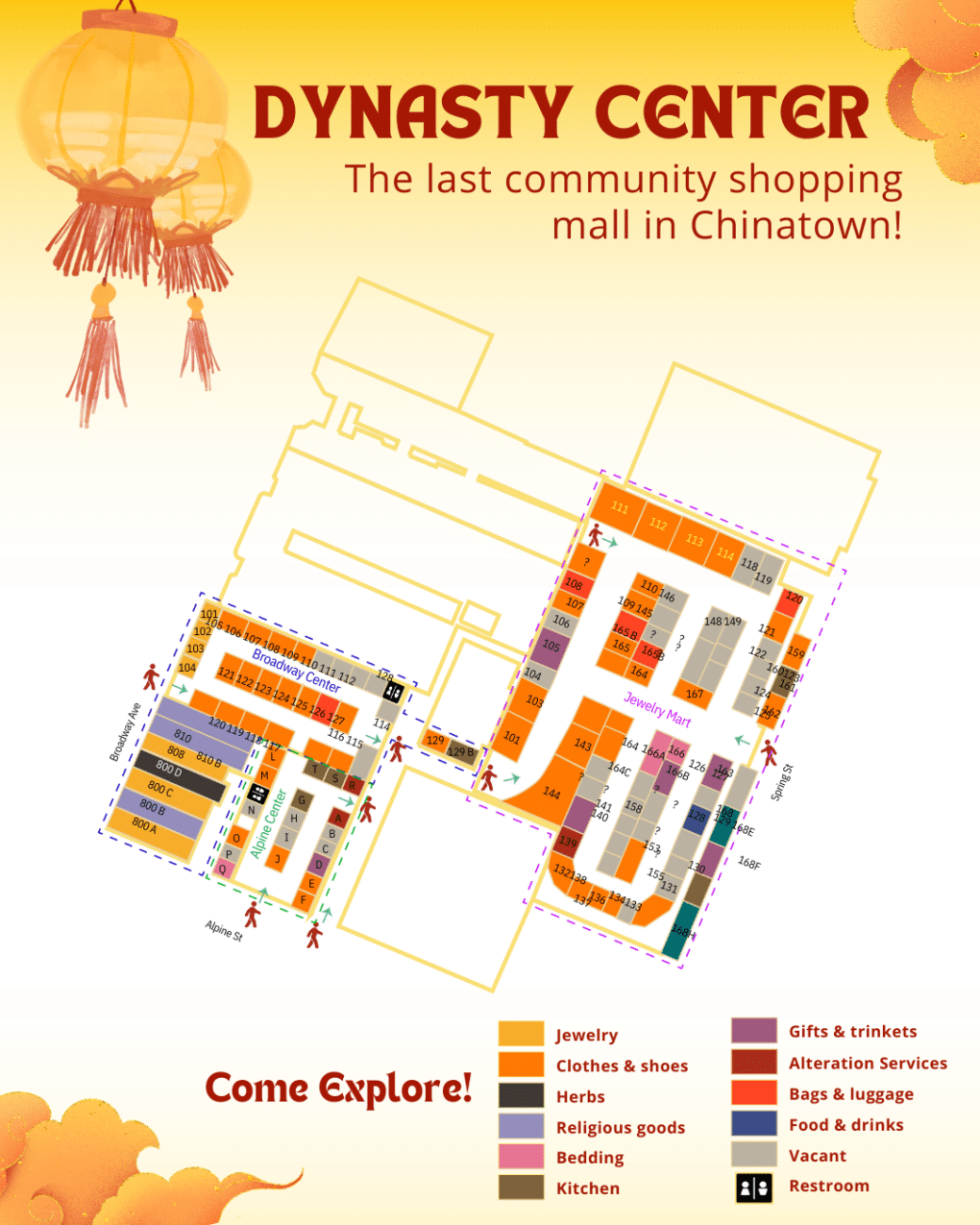 A color-coded map of the businesses inside Dynasty Center. The top heading reads, "The last community shopping mall in Chinatown!"