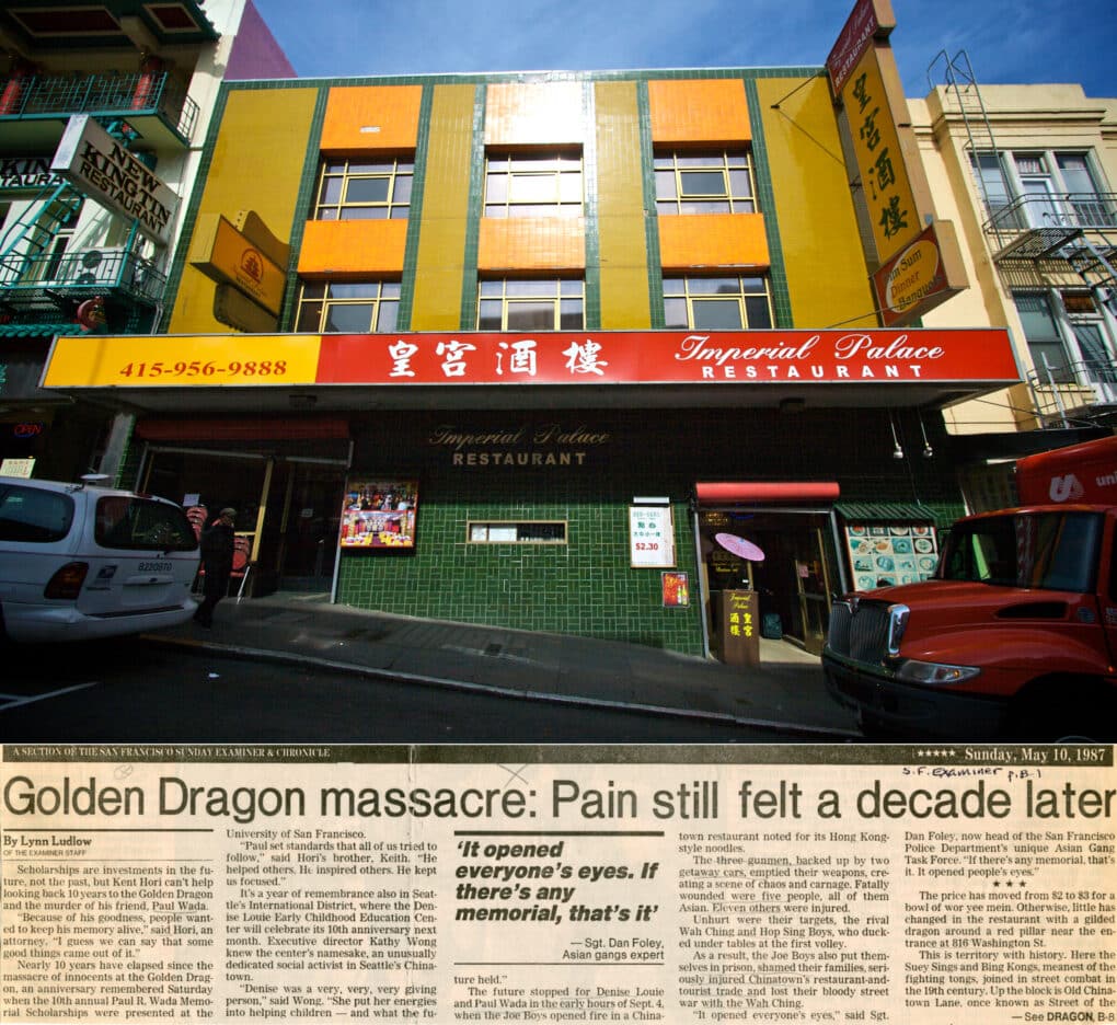 Color photo of green, red, and yellow Imperial Palace Restaurant storefront, in San Francisco, above faded newspaper clipping with headline "Golden Dragon massacre: Pain still felt."