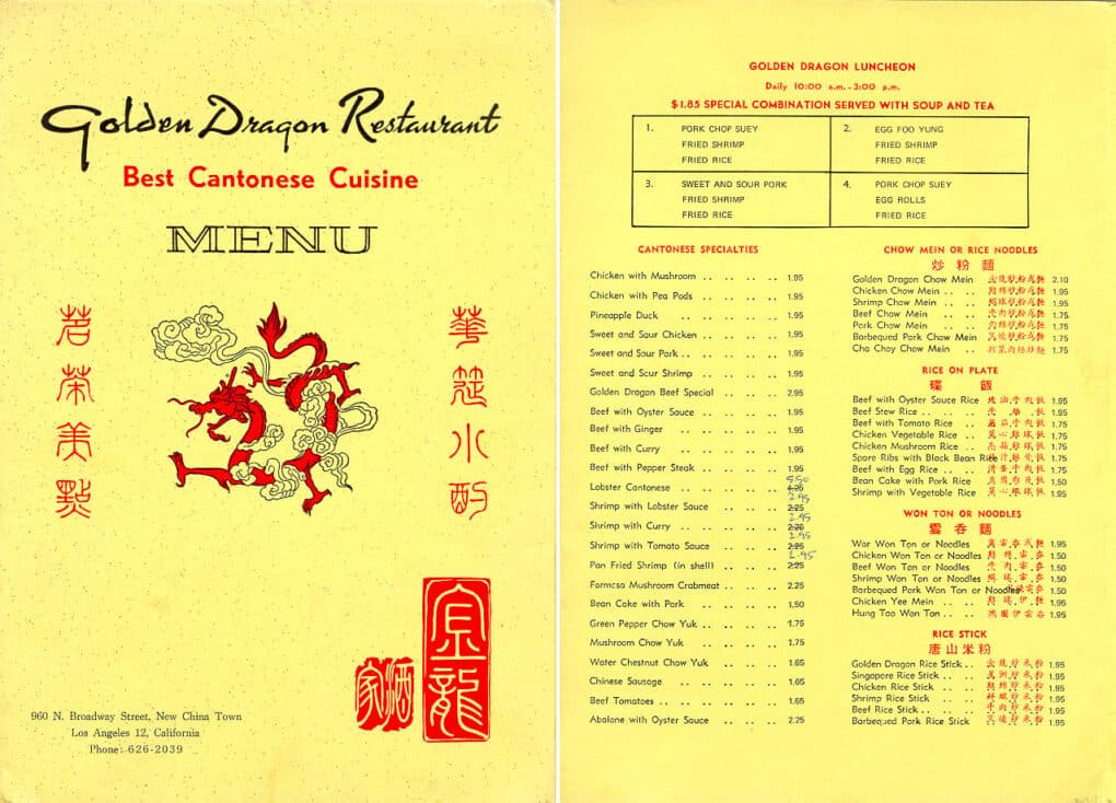 Menu of Golden Dragon Restaurant in Los Angeles Chinatown, circa 1975 printed on yellow with a dragon on the cover.