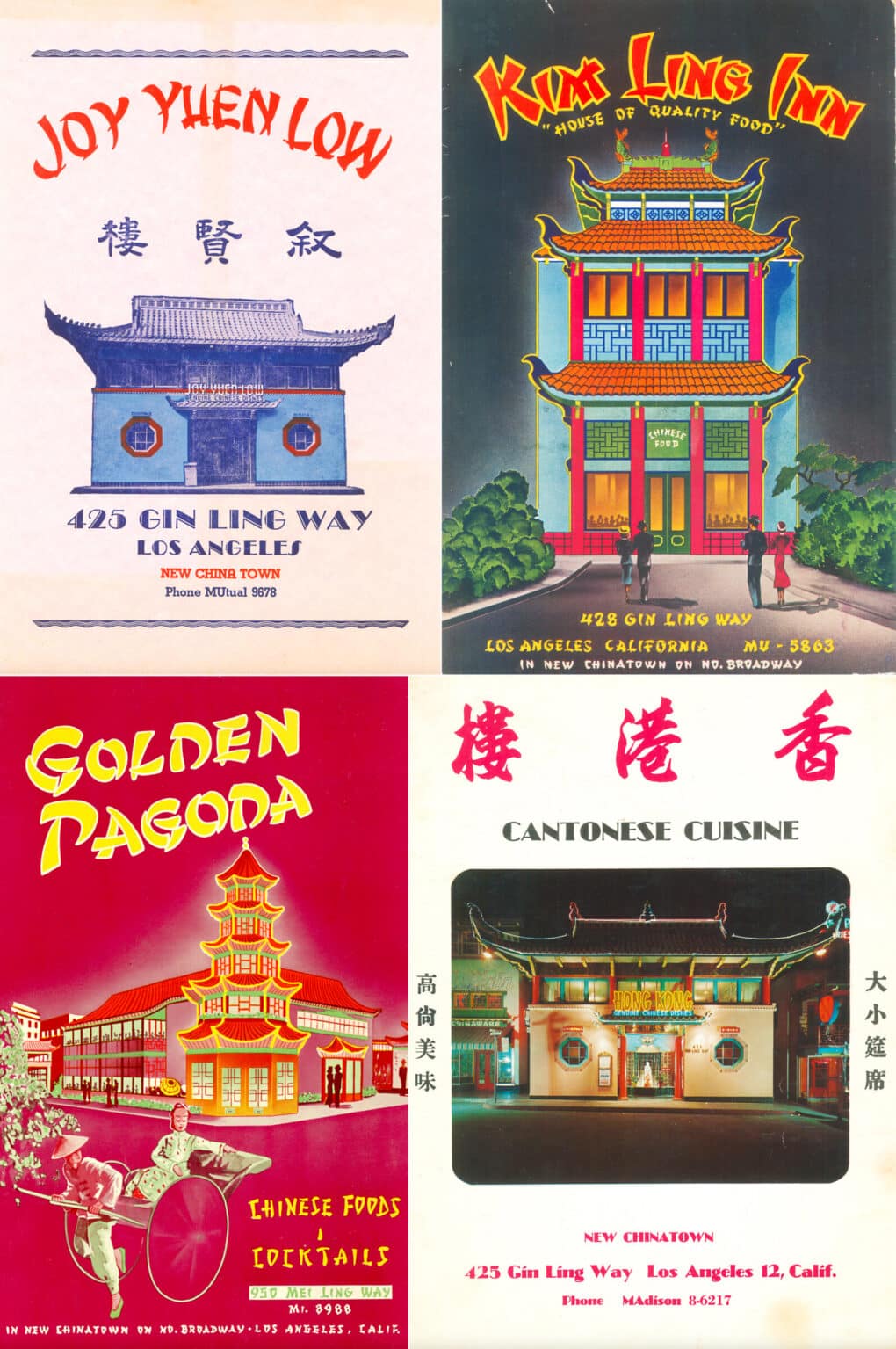 Grid of 4 restaurant menu covers, of Chinese restaurants in Los Angeles.