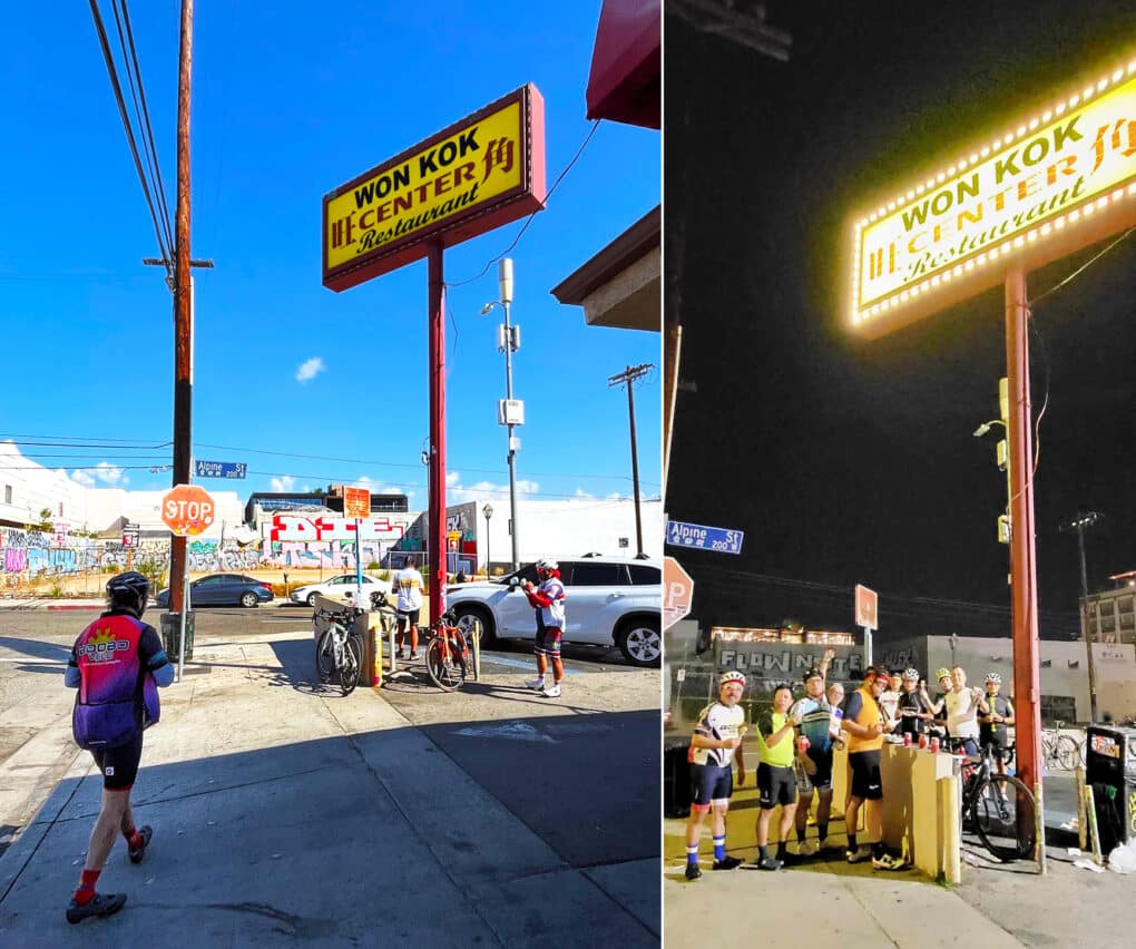 Two pictures of people in cycling gear with bikes standing underneath the Won Kok Restaurant sign.