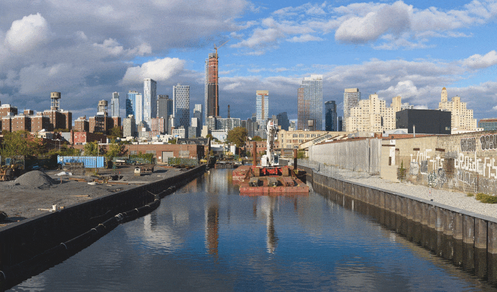 Gowanus Canal, Brooklyn, viewed from Union Street Bridge, October 2021. 