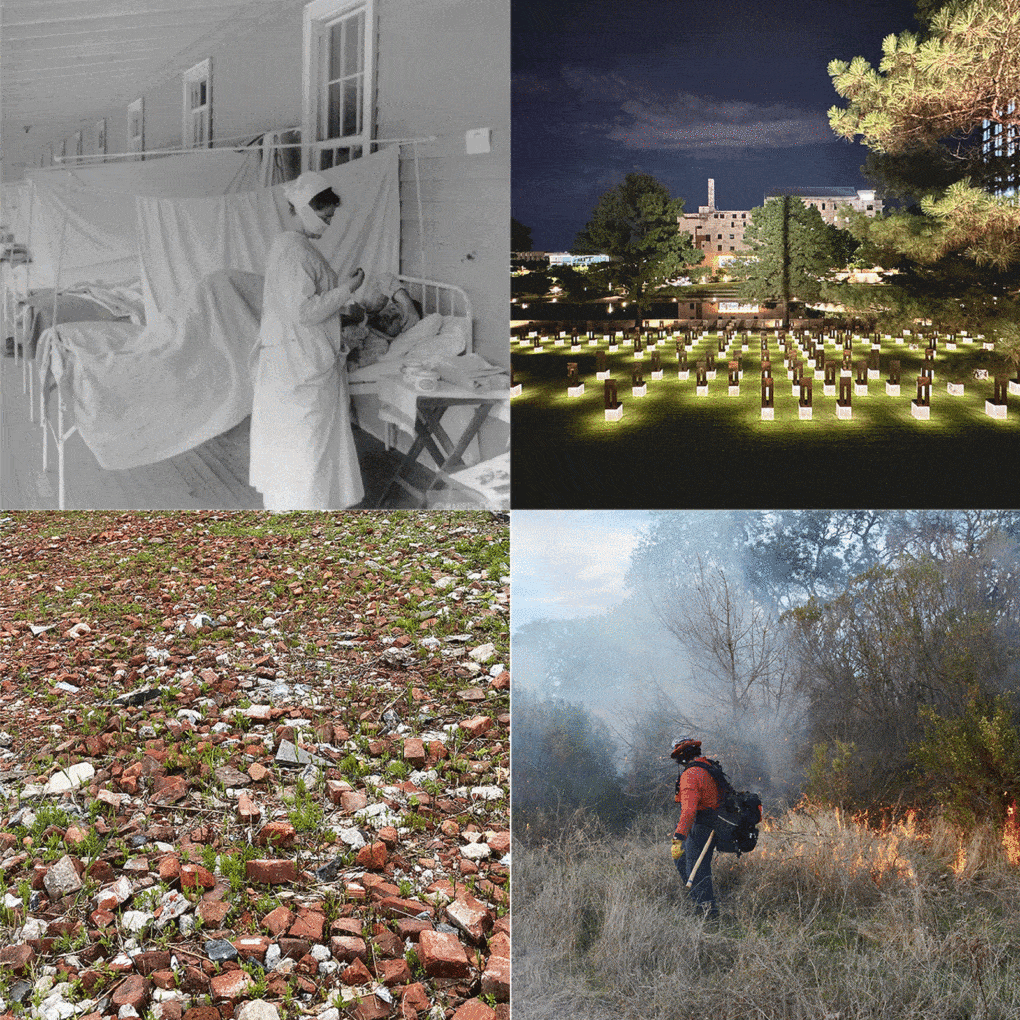 Clockwise from top left; Influenze ward, Walter Reed Hospital, Washington, D.C.; Oklahoma City National Memorial, Field of Empty Chairs. Leok Po (Good Fire) workshop and burn demonstration, Cache Creek Conservancy with the Yocha Dehe Wintun Nation. Vacant Lot, Second Avenue and Second Street, New York City.