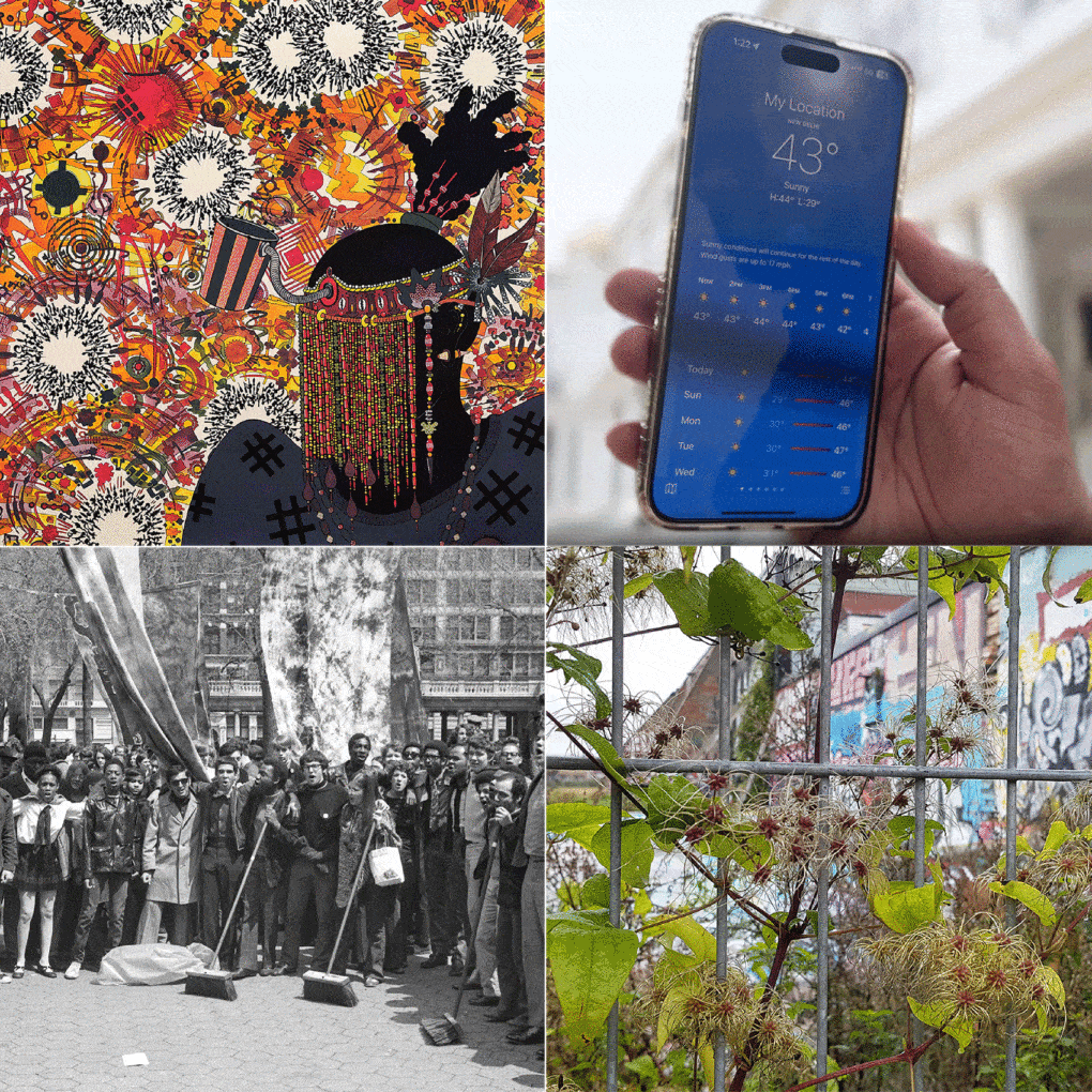 Clockwise from top left: Mark Steven Greenfield, Crucilibu, 2017, part of a series "Egunguns & Anger Management." Temperature reading of 43° Celsius in New Delhi, May 2024. A demolished factory in Malmö, Sweden, used as an informal park in a part of the city with few green spaces, is now being redeveloped for private housing. Public demonstration, Earth Day, New York City, 1970.