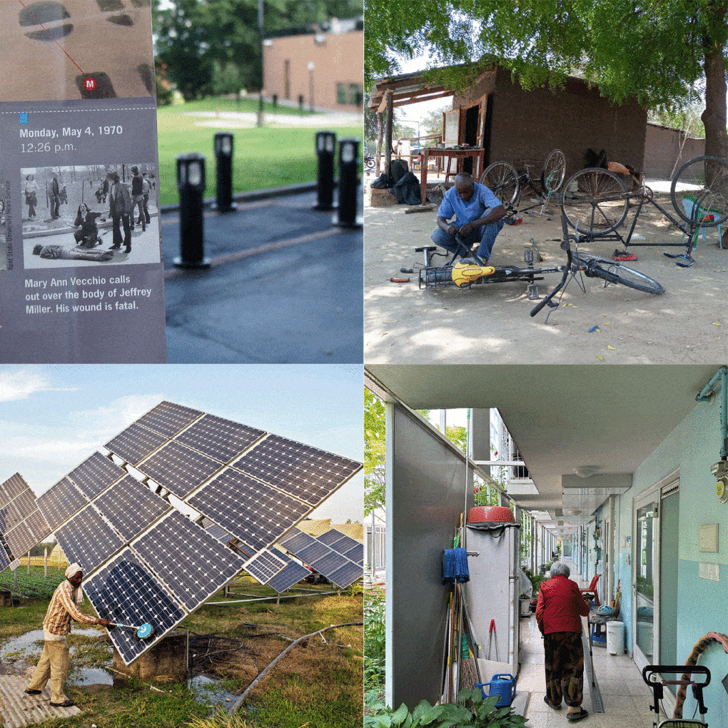 Clockwise from top left: "Mary Anne Vecchio calls out over the body of Jeffrey Miller." Original photos Kent State University News Service, and John P. Filo. At the Rhino Camp Refugee Settlement, in Uganda, a volunteer at the Bright Makerspace. Gangnam Social Housing, Riken Yamamoto, Seoul, built in 2014, with collective social spaces. Farmworker cleans solar panels at the farm in Jagadhri, India, 2014.