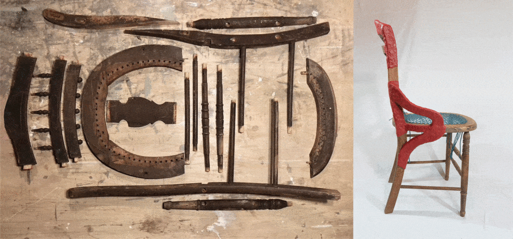 Left: Broken brokenness, donated chair, Markus Berger, 2020. Right: Traditional rewritings #8, donated chair, epoxy clay, cotton, Markus Berger, 2021.