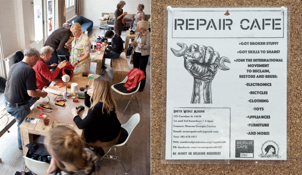 Left: Repair cafe, Amsterdam, 2012. Right: Sign for a repair cafe, South Wedge Mission, Rochester, New York, 2023. 