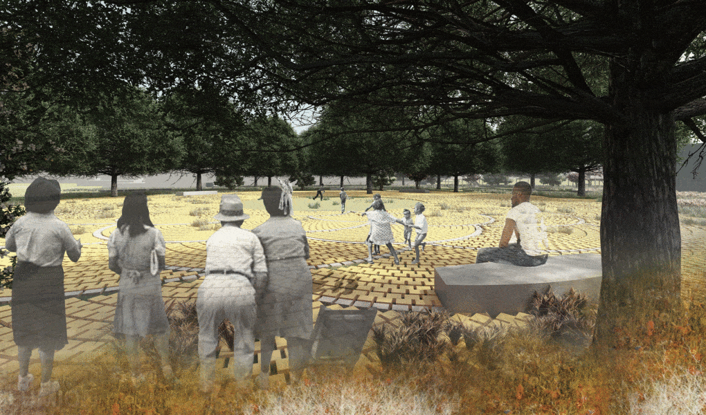 Proposed gathering space in Armstrong Park in the Treme neighborhood of New Orleans; project by Justin Thomas created for the studio Landscapes of Reparations: What is the next landscape?,’ taught by Anna Livia Brand and Nate Kauffman at UC Berkeley, Fall 2022.