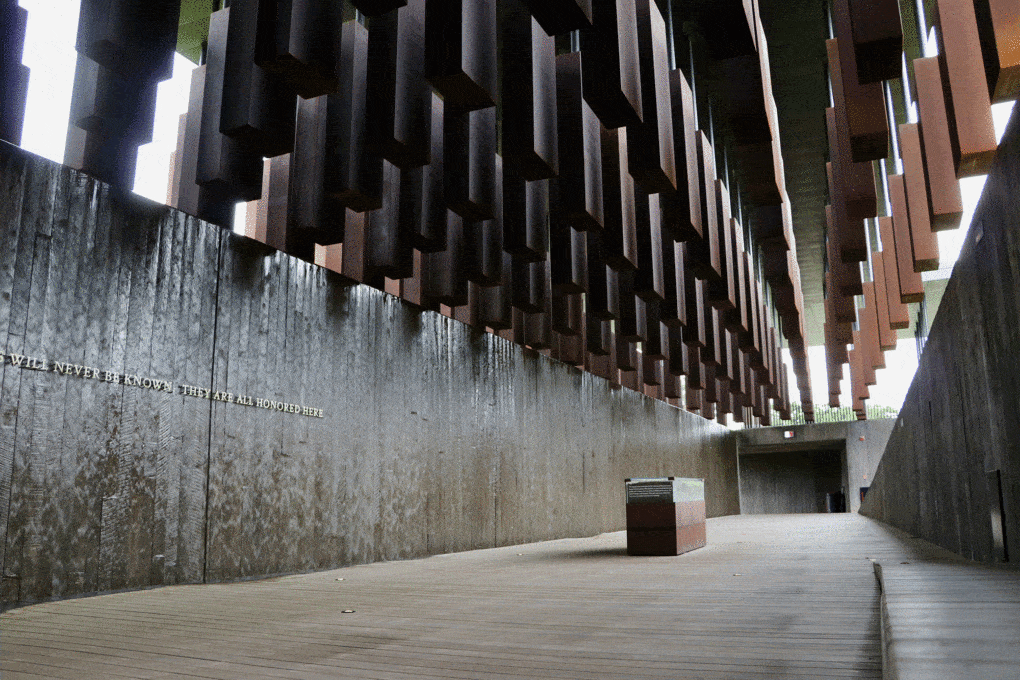 National Memorial for Peace and Justice, Montgomery, Alabama. Created by the Equal Justice Initiative and designed by MASS Design Group, the memorial opened in 2018.