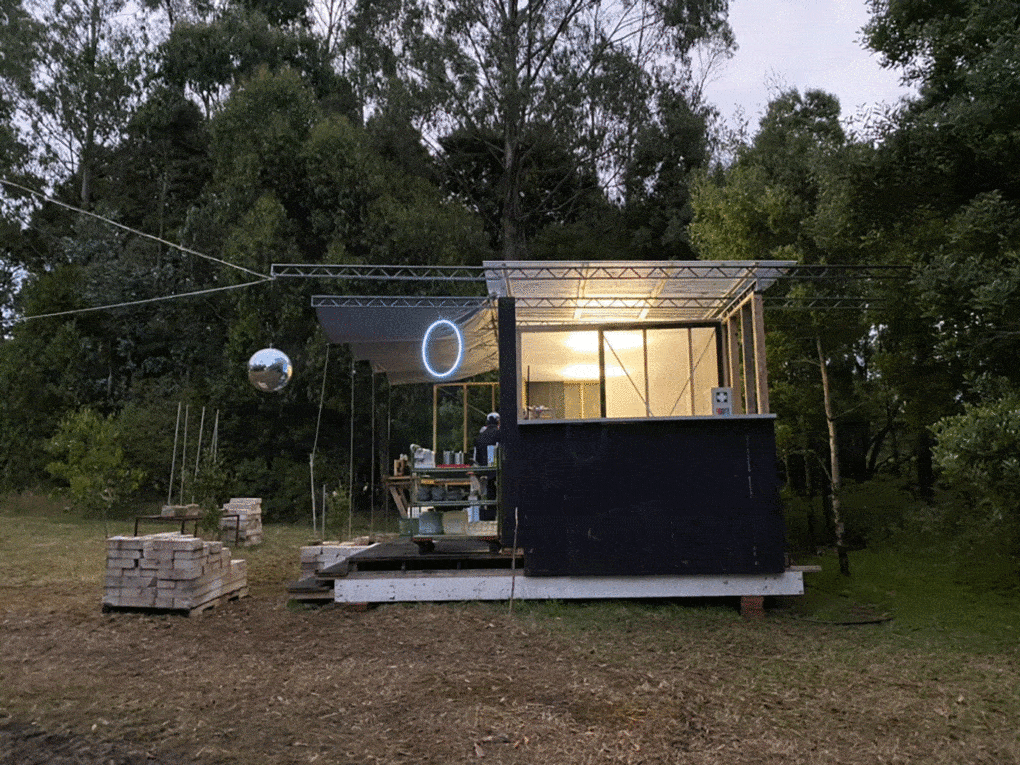 Quarry Camp Kitchen composed of reclaimed materials; from These are the Projects We Do Together, Quarry Camp, 2023.