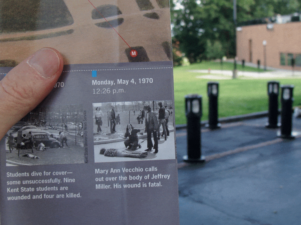 Collage of a photo of Mary Anne Vecchio calls out over the body of Jeffrey Miller, at Kent State following the National Guard shooting of a student, 1970.